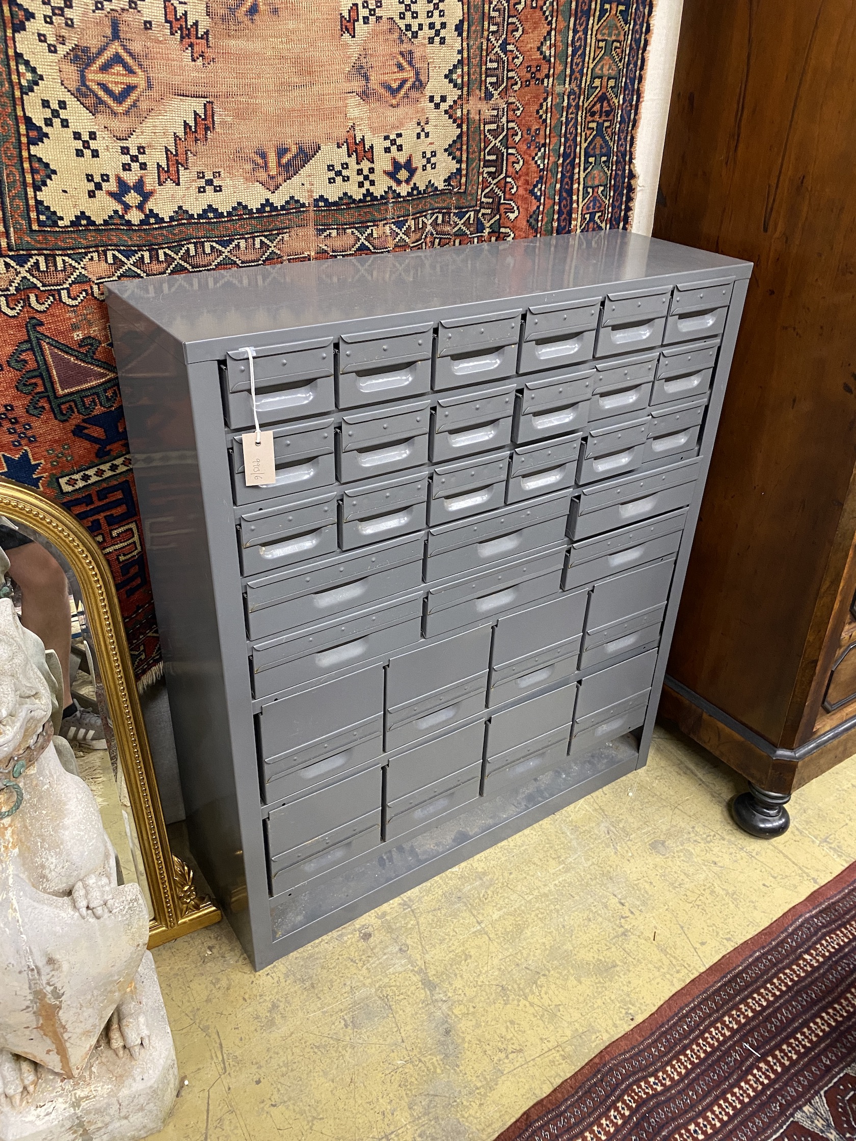 An industrial style multi drawer tool cabinet, width 92cm, depth 30cm, height 107cm
